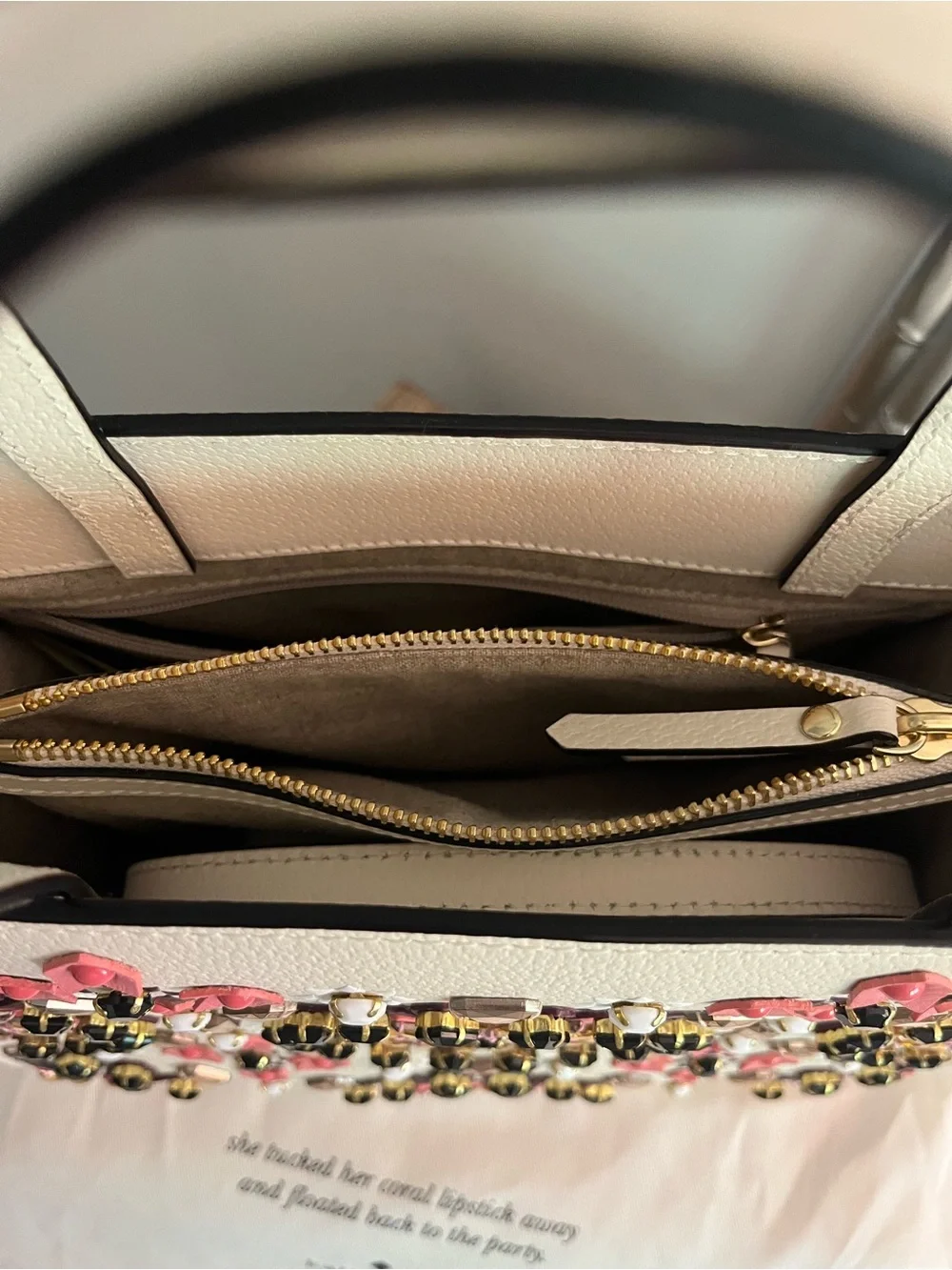 kate spade Cream leather Tote with Pink & Black sparkle Studded embellishment!